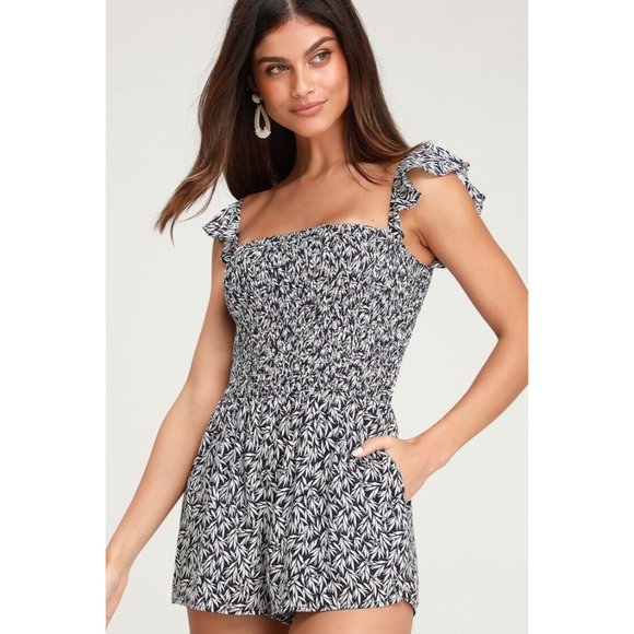 Lulus Womens Majorca Navy Blue and White Floral‎ Print Off Shoulder Romper Large - Picture 1 of 9